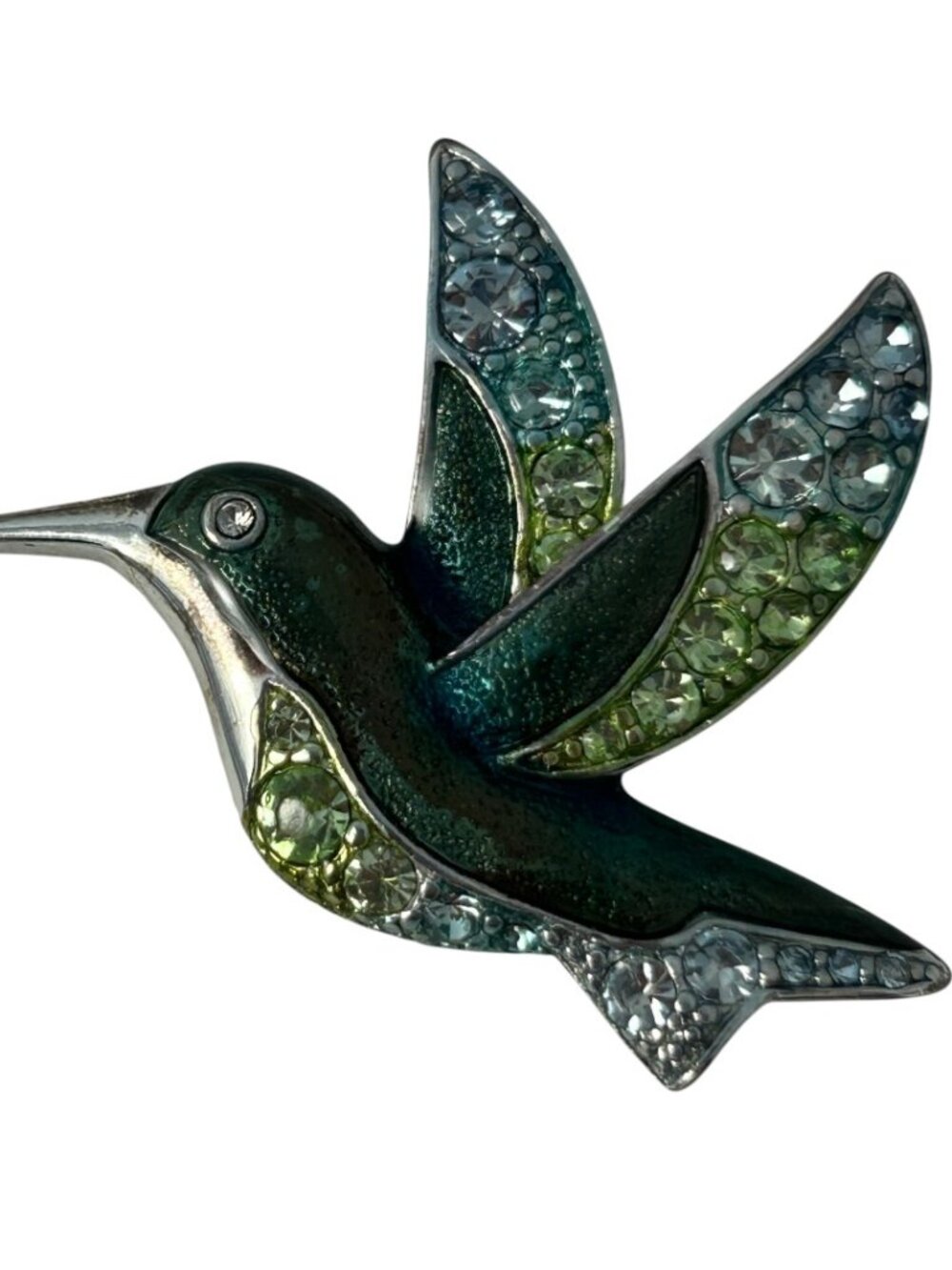 Vtg Liz Claiborne Hummingbird Brooch Green Enamel Rhinestone Silver Tone Bird